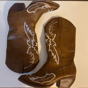 Brown Faux Leather Cowgirl Boots with Contrast Stitching